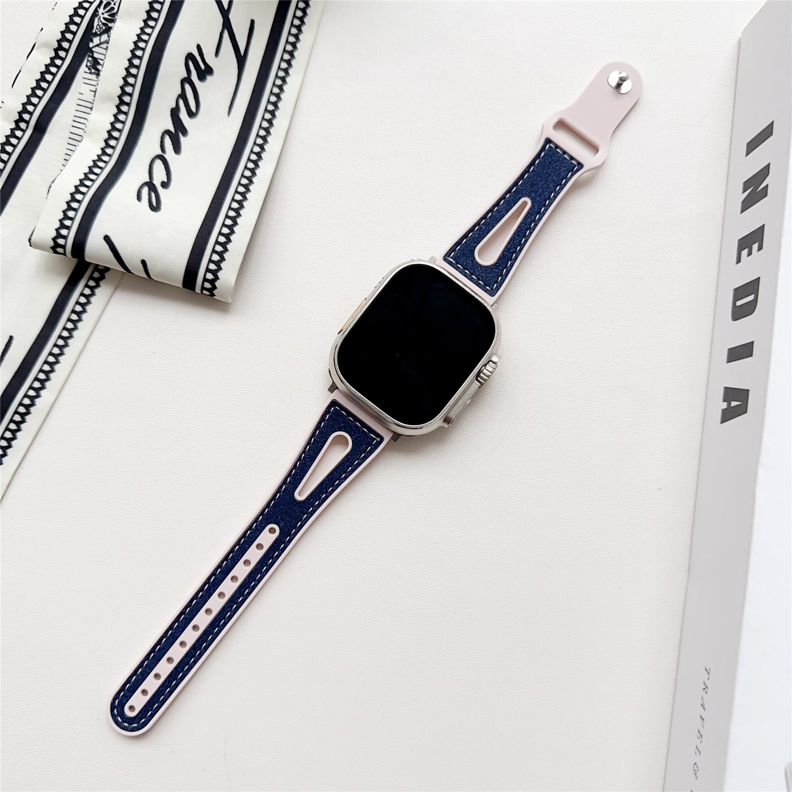 For Apple Watch Series 9 8 7 41mm / SE (2023) SE (2022) SE 6 5 4 40mm / 3 2 1 38mm PU Leather+Silicone Watch Band - Navy Blue For Apple Watch Series 9 8 7 41mm / SE (2023) SE (2022) SE 6 5 4 40mm / 3 2 1 38mm PU Leather+Silicone Watch Band - Navy Blue